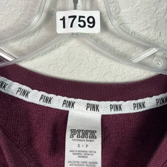 🟣🟣 Victoria's Secret Size Small Maroon Crew Neck Love Pink Sweatshirt Sweater - Picture 3 of 6